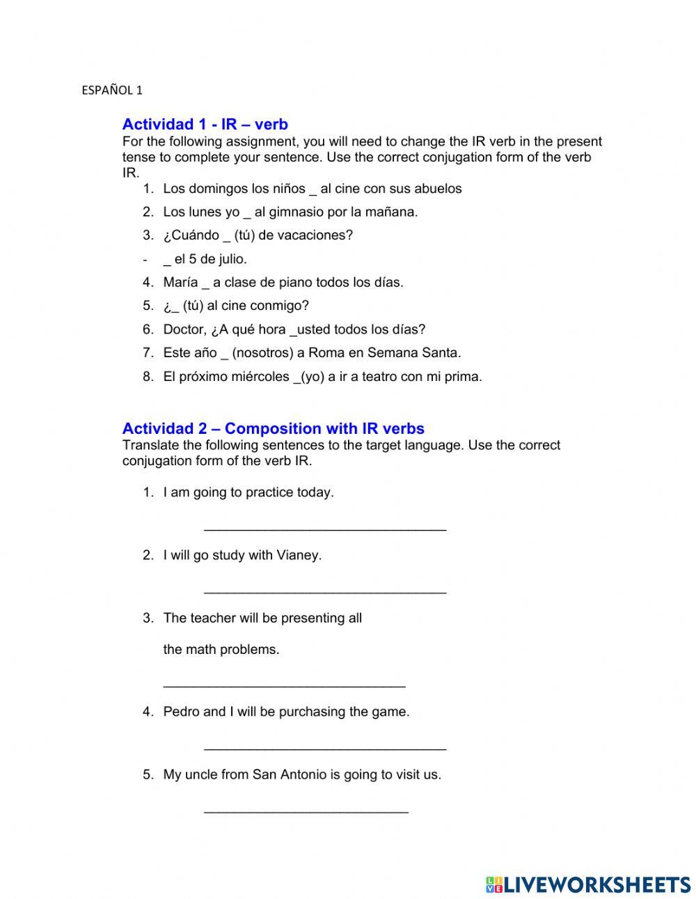 Verbo IR worksheet for 6 7 8 Live Worksheets