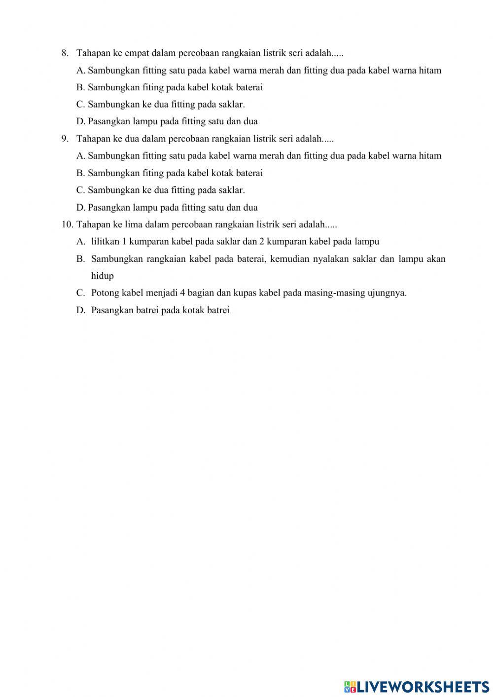 Soal evaluasi IPA rangkaian listrik