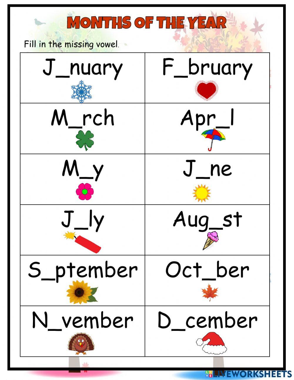 Months - Fill in the Vowels