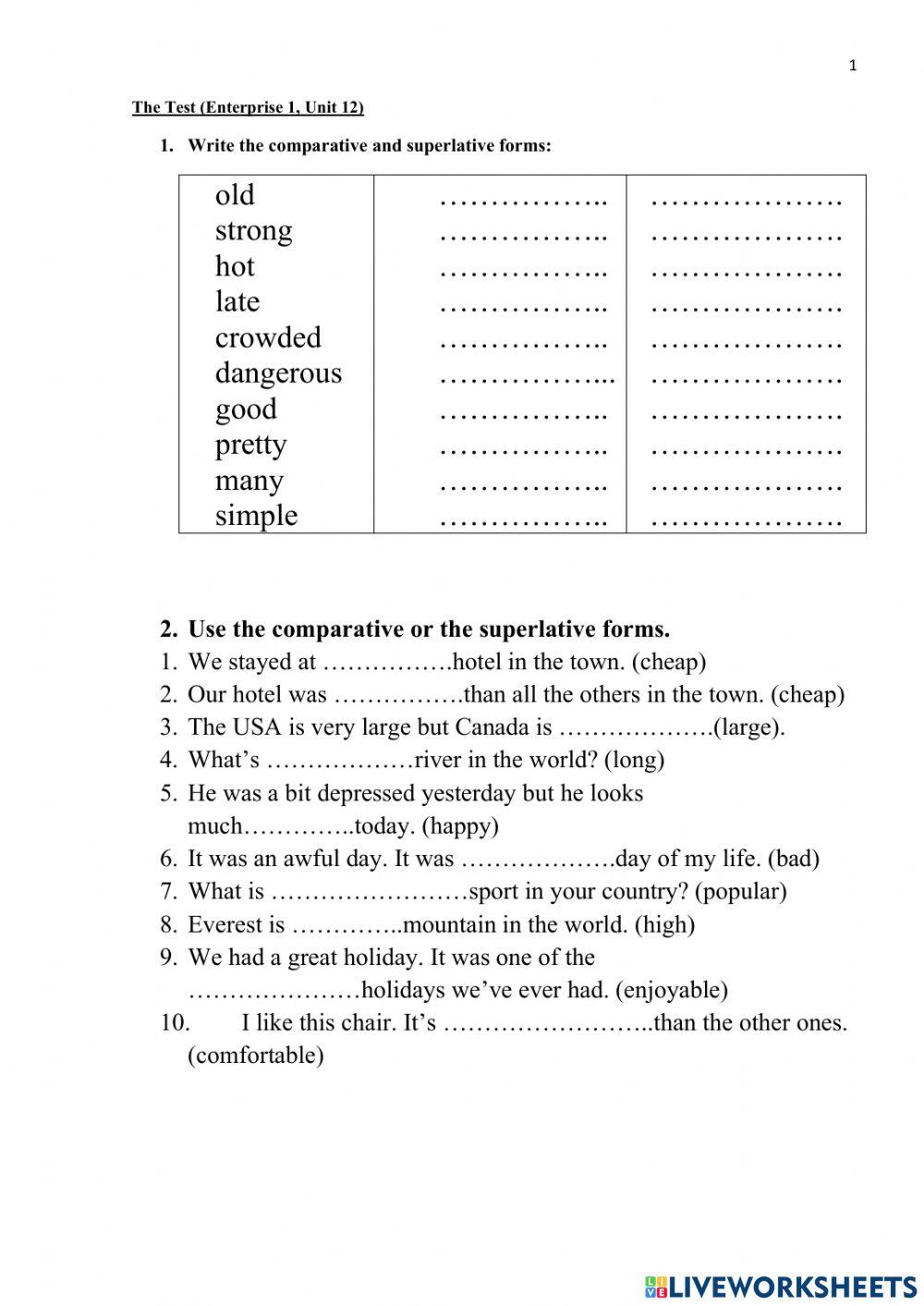 Enterprise 1 Unit 12 Degrees of Comparison activity for 7 | Live Worksheets