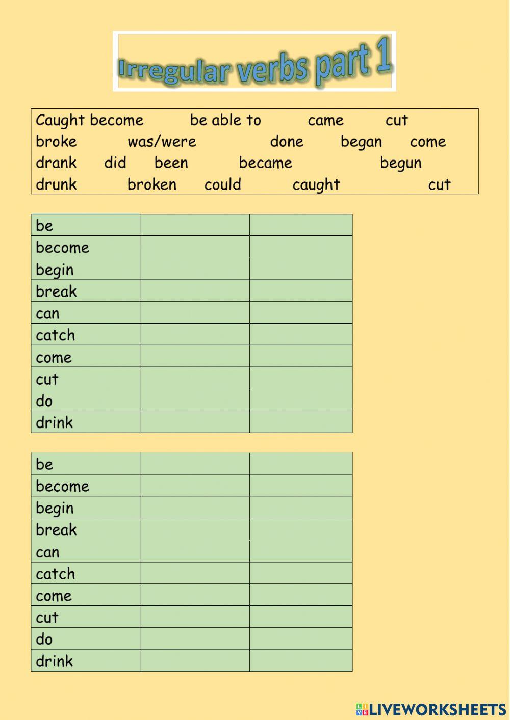 Put verbs into the table and fill in the second table