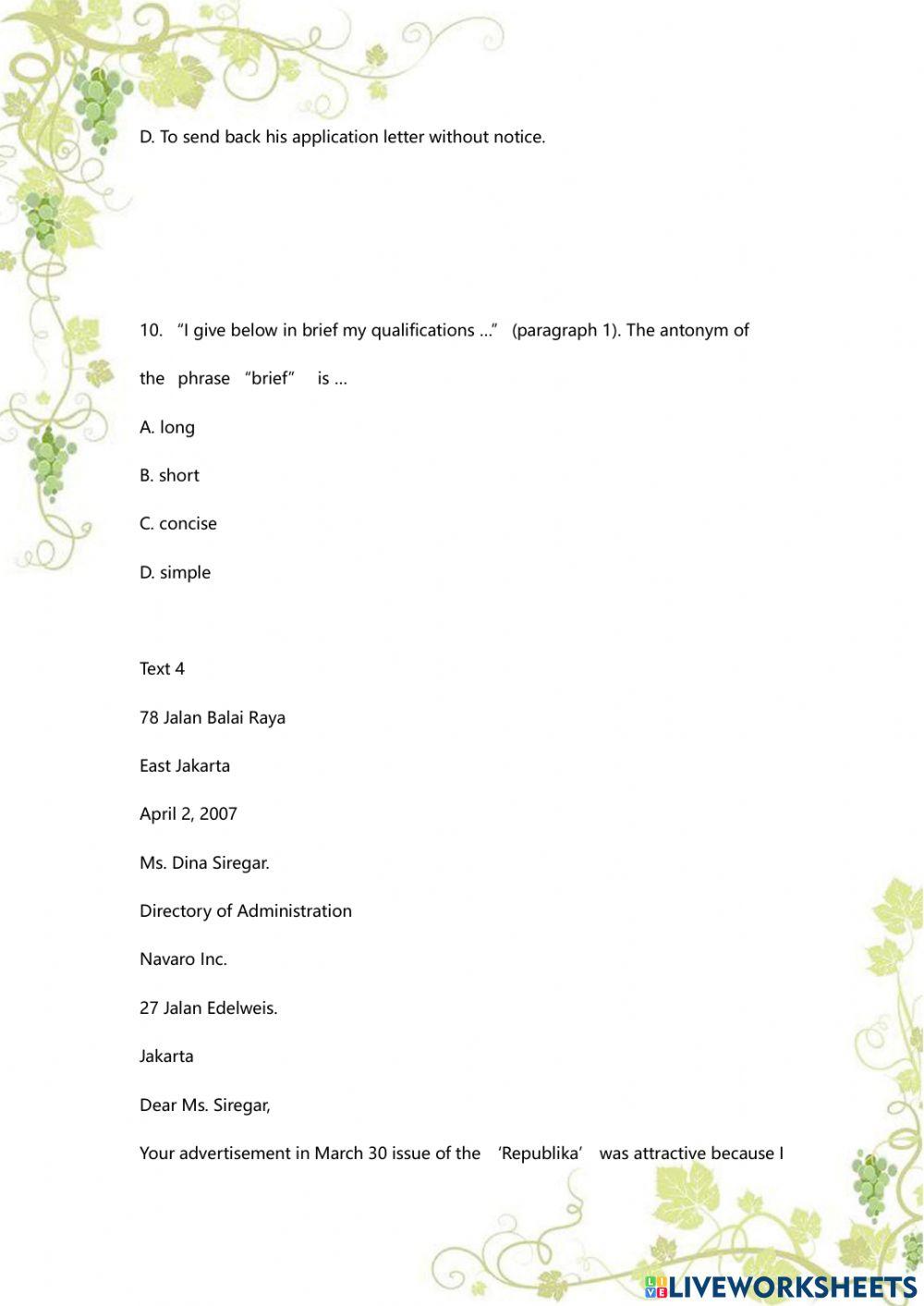 Application Letter Quiz