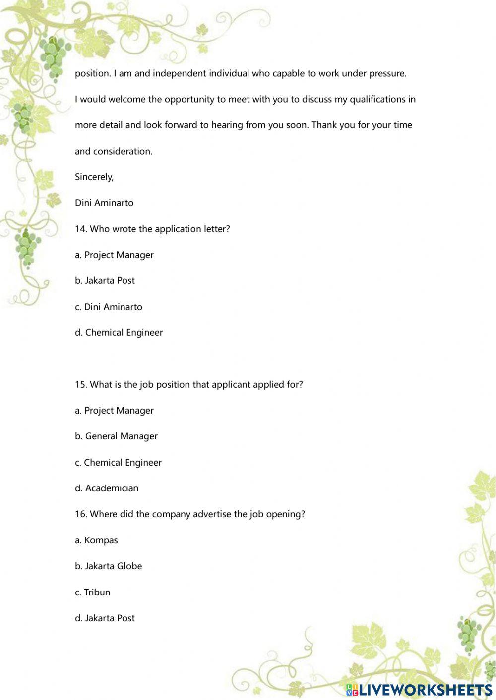 Application Letter Quiz