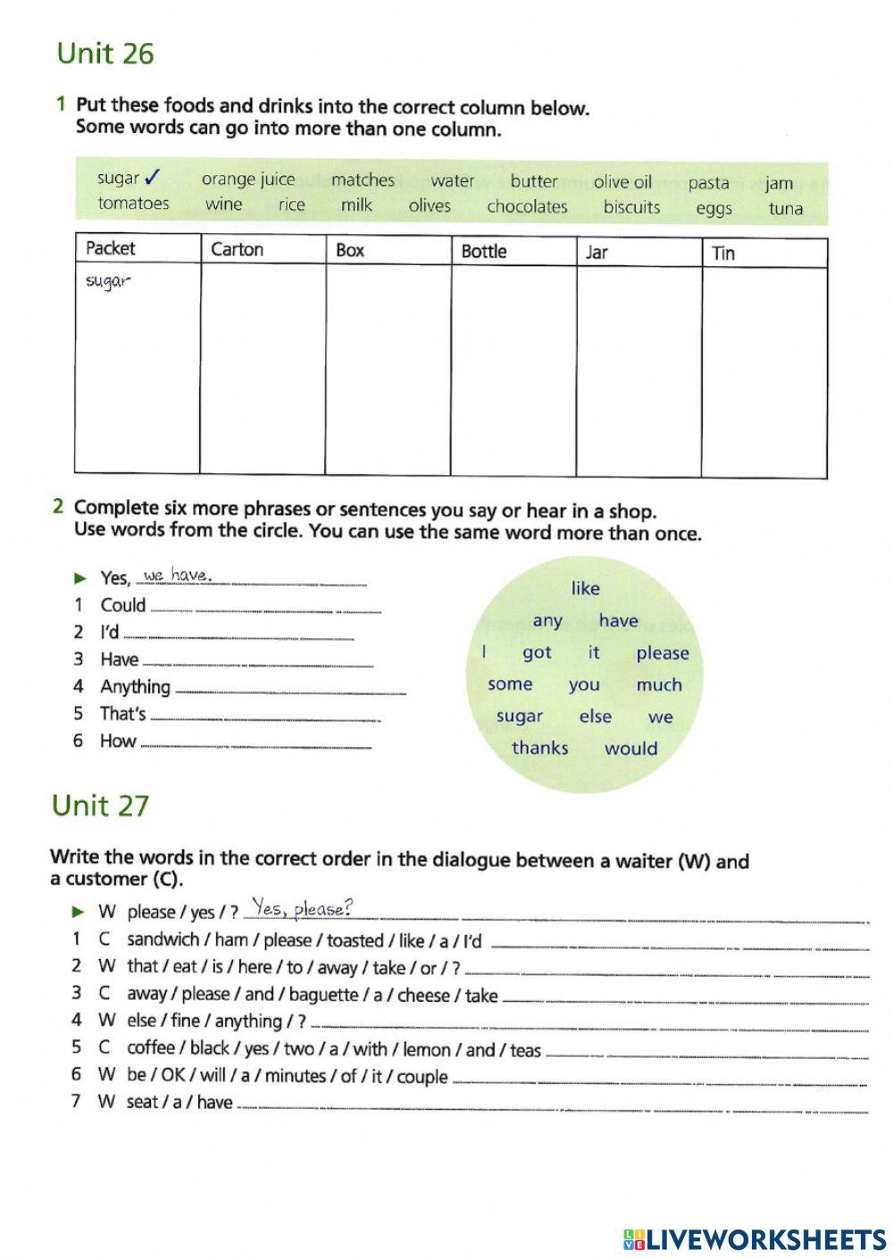 Basic Vocabulary Review 24-28 Food and drink review