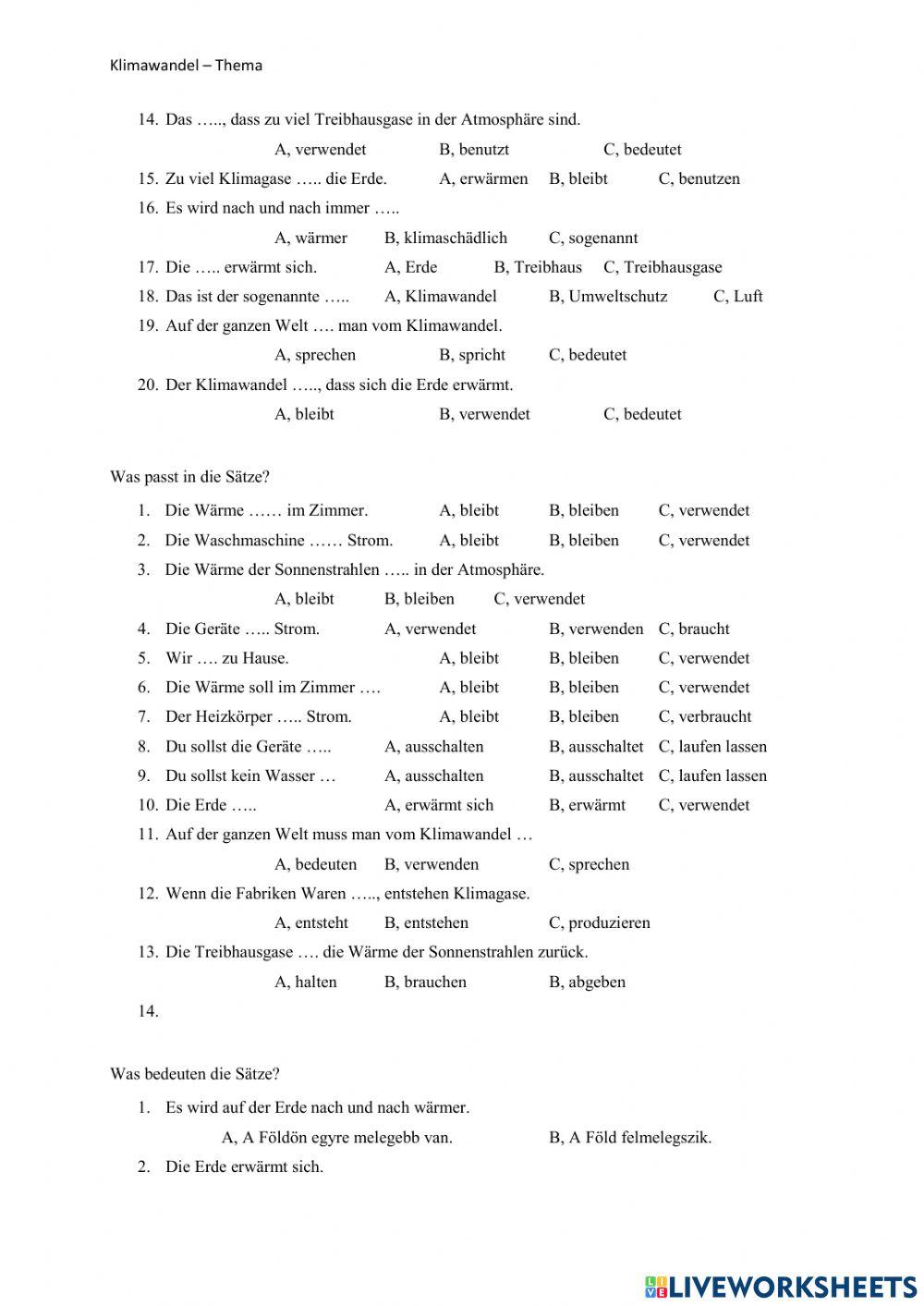 Klimawandel - Wortschatz Deutsch - Ungarisch