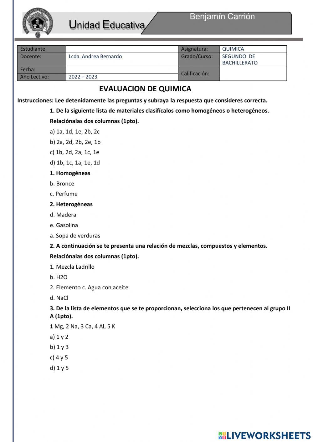 Evaluacion de quimica