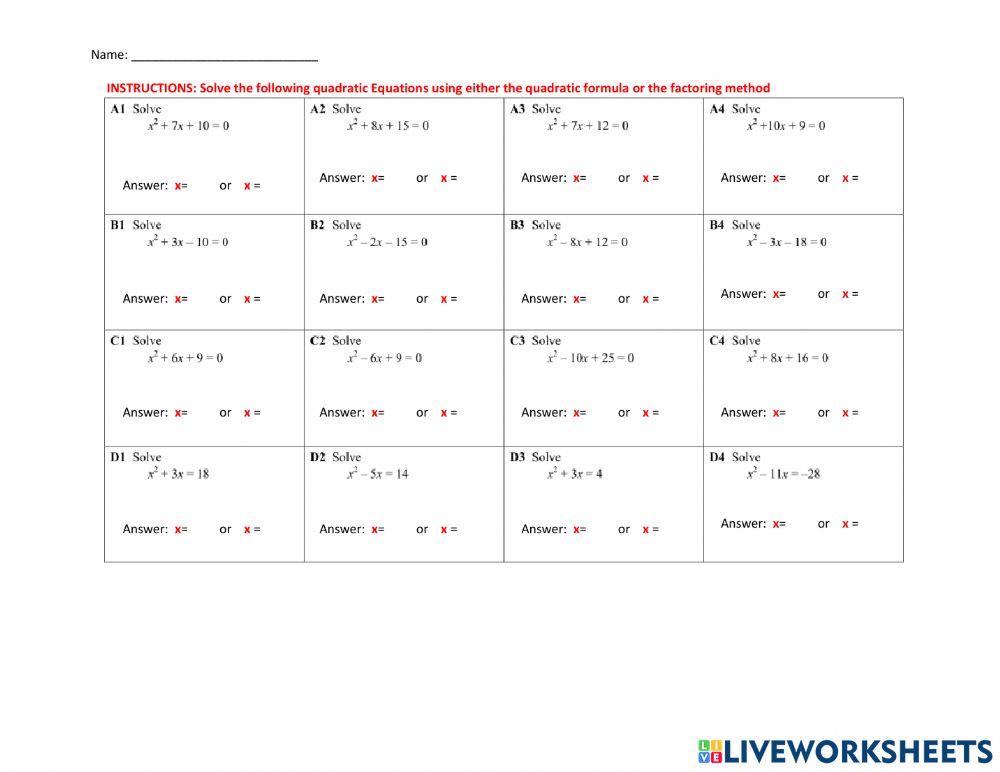 solving Quadratic Equations online exercise for | Live Worksheets
