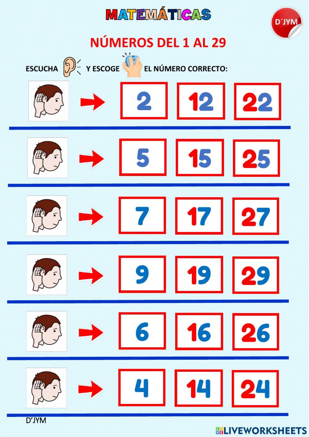 Dictado de números del 1 al 29