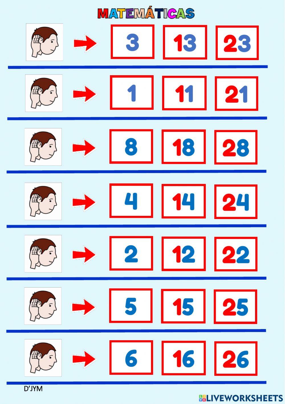 Dictado de números del 1 al 29
