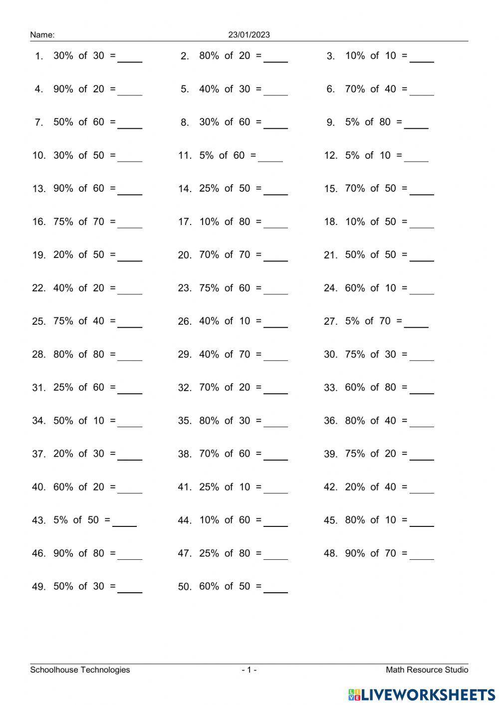 WW L2 Percentages worksheet | Live Worksheets
