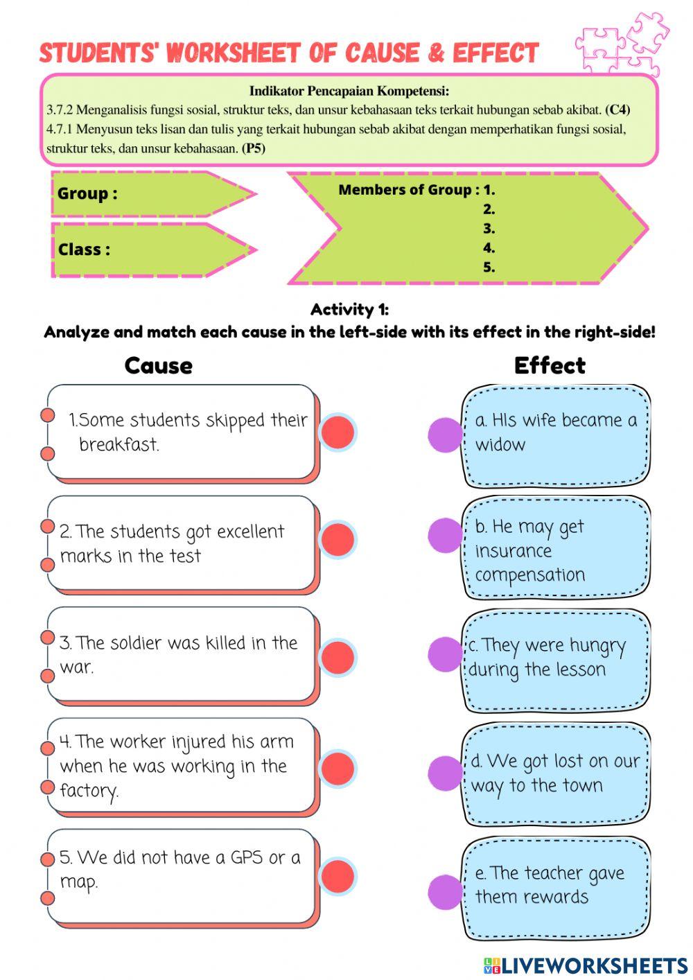 Students' worksheet of cause and effect