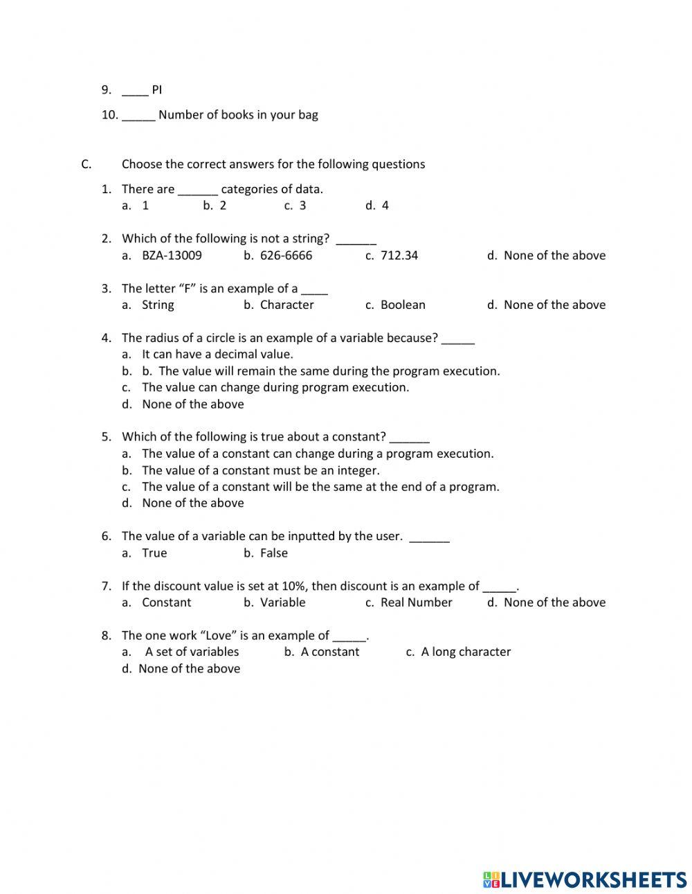 Datatypes worksheet | Live Worksheets