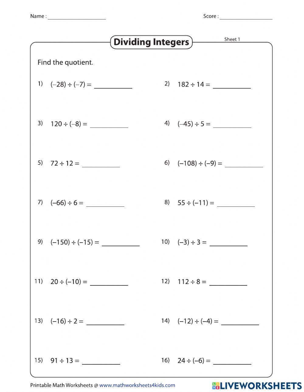 Dividing Integers 3661936 cssmith1 Live Worksheets