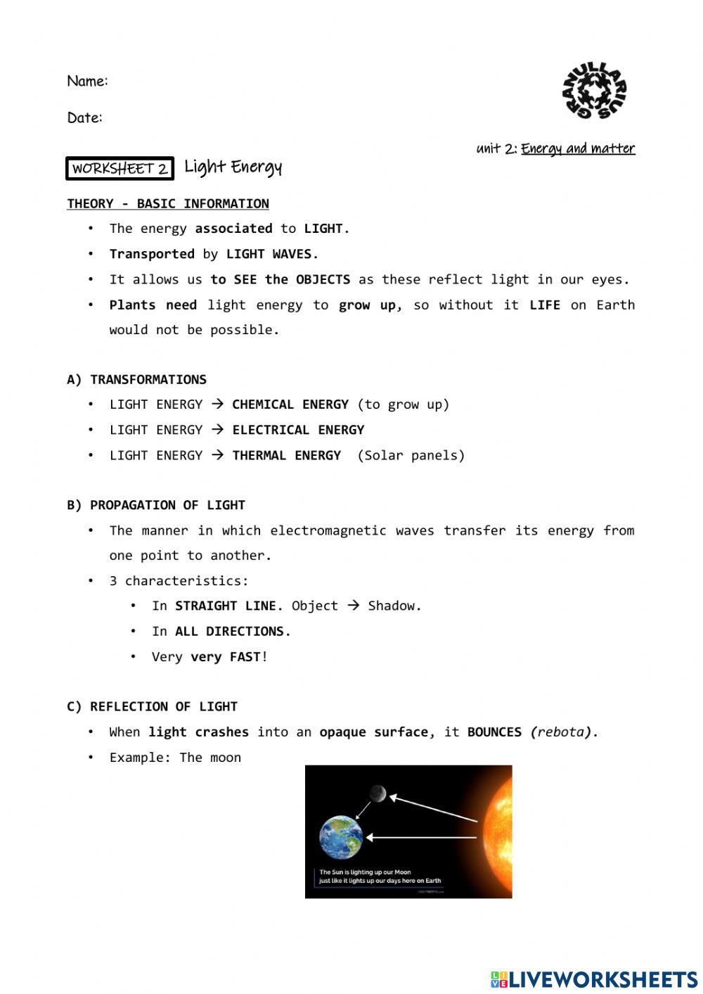Worksheet 2: Light energy