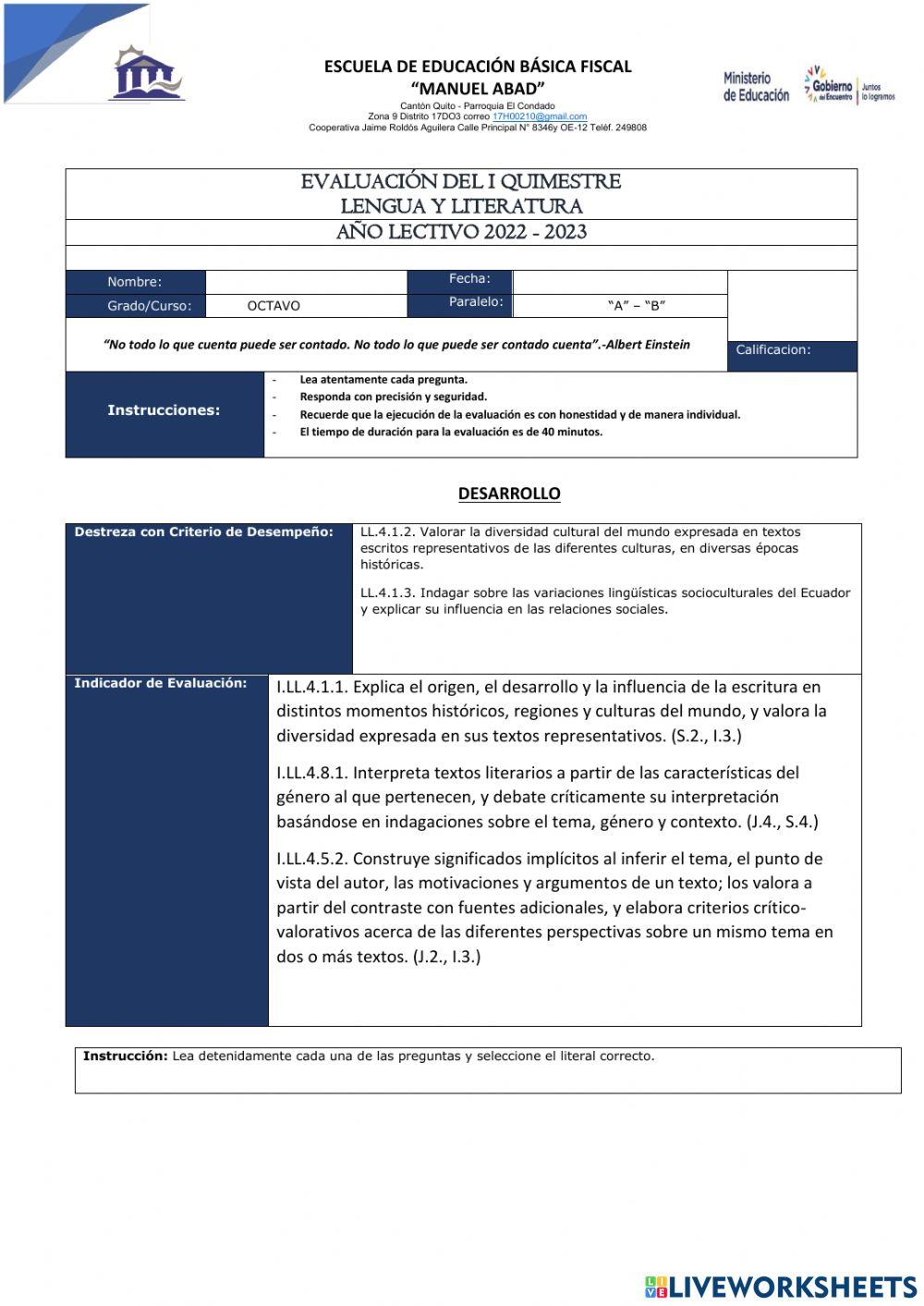 Evaluación quimestral 8vos