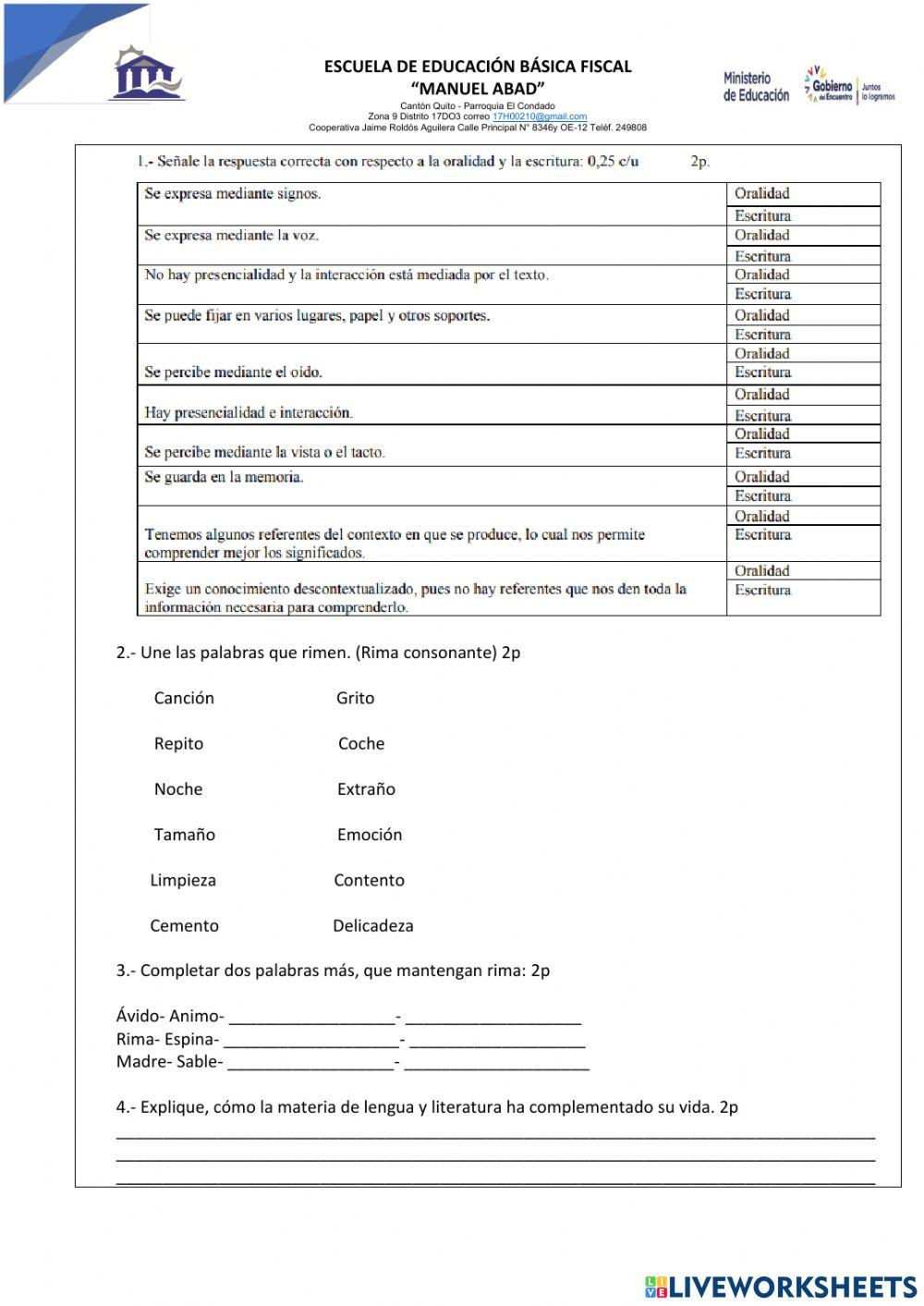 Evaluación quimestral 8vos