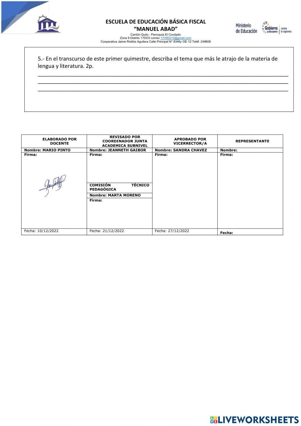 Evaluación quimestral 8vos