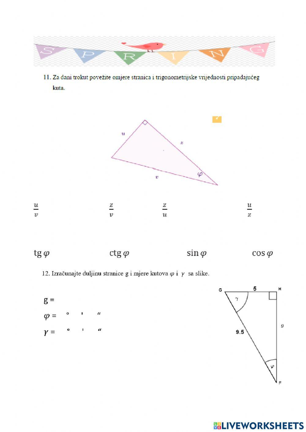 Računanje vrijednosti trigonometrijskih omjera i primjena na pravokutni trokut