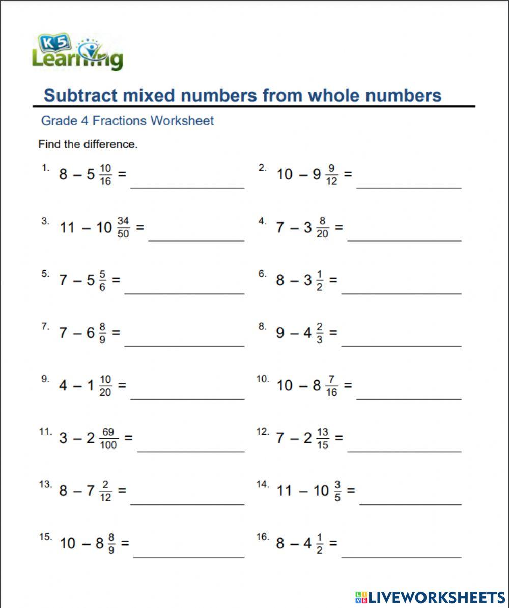 2275427 subtract mixed numbers from whole numbers