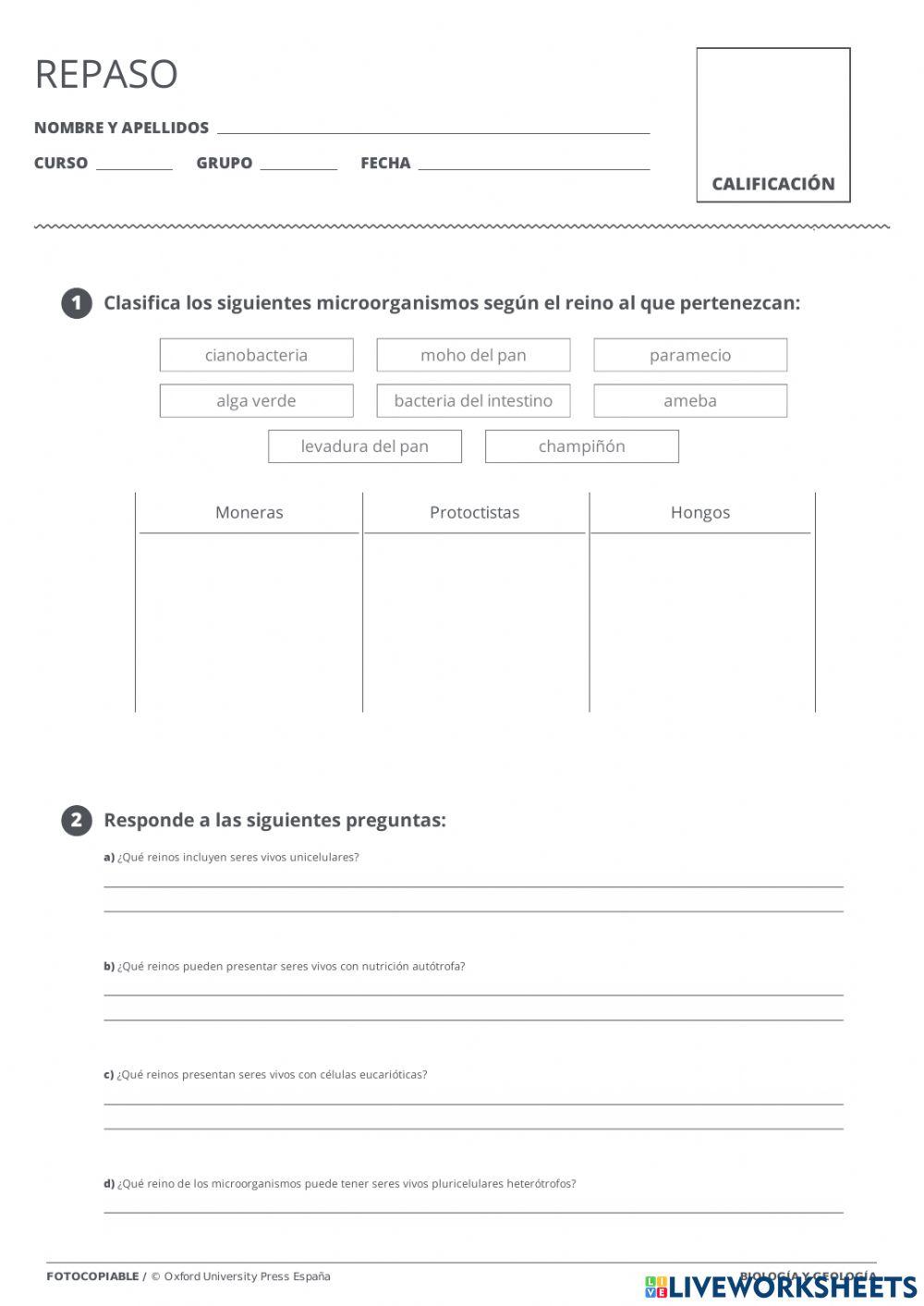 Moneras, Protoc… | Free Interactive Worksheets | 2525953