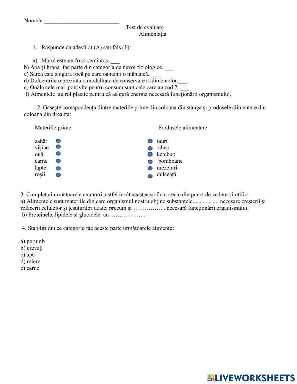 Test de evaluare-Alimentatia