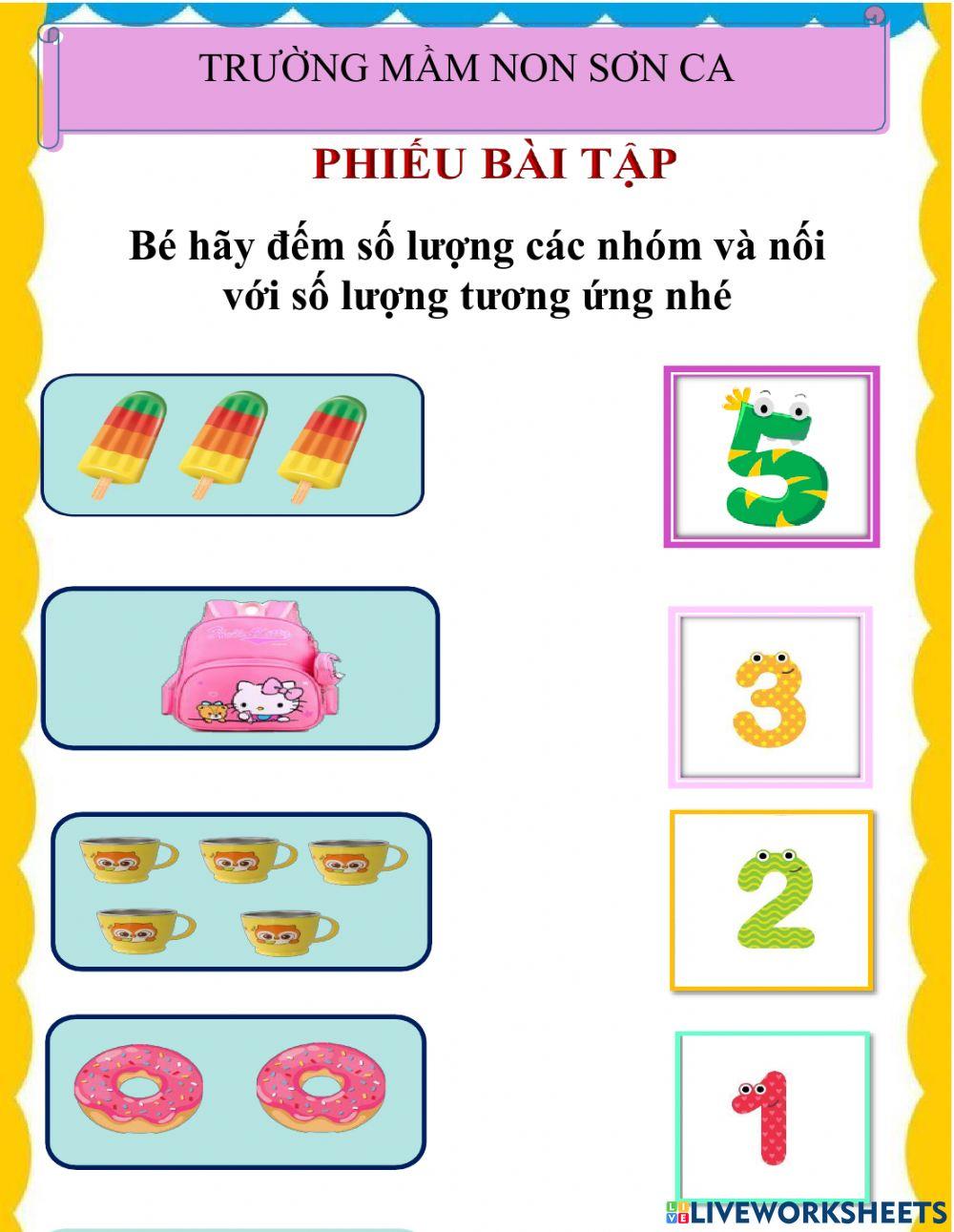 Bé hãy đếm số lượng các nhóm và nối với số lượng tương ứng nhé