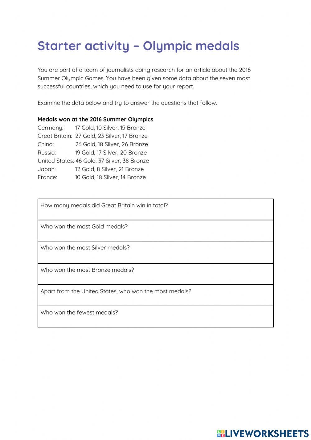 Starter activity excel online exercise for live worksheets