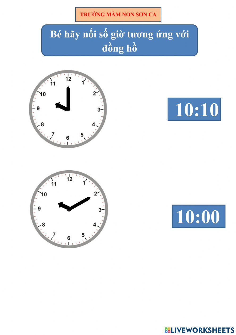 Bé hãy nối số giờ tương ứng với đồng hồ