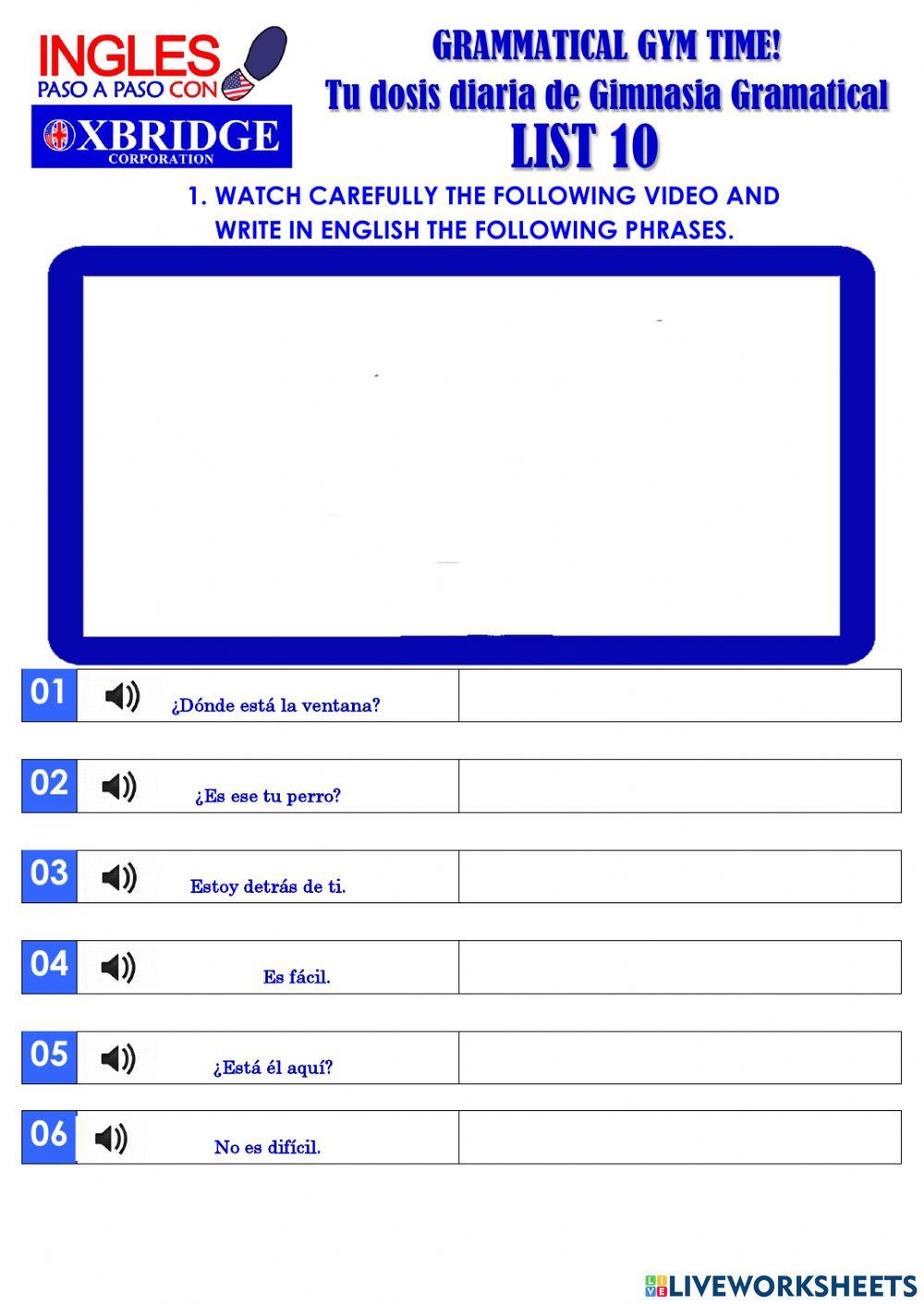 List 10 GRAMMATICAL GYM TIME!-BEGENNER A1