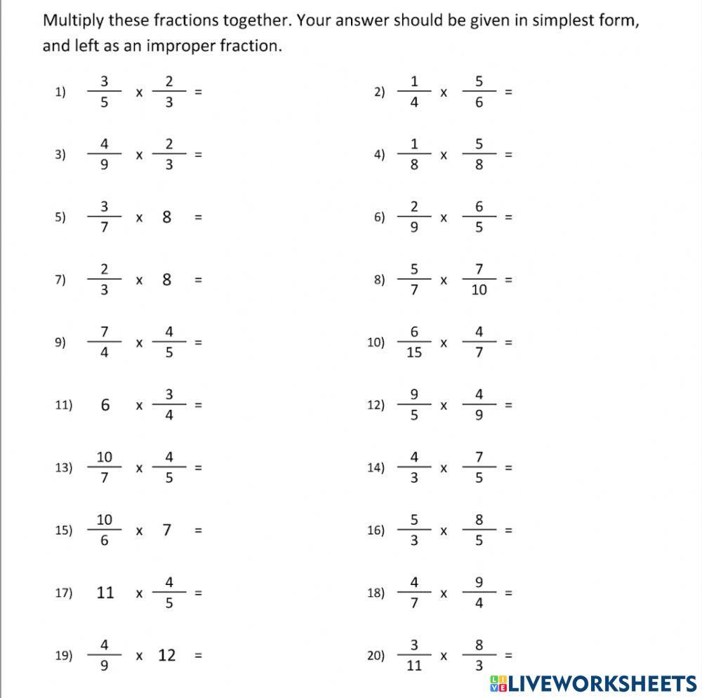 Multiplying Fractions Math worksheet Live Worksheets
