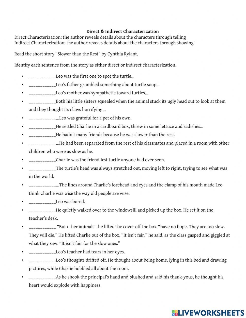 Characterization online exercise for | Live Worksheets