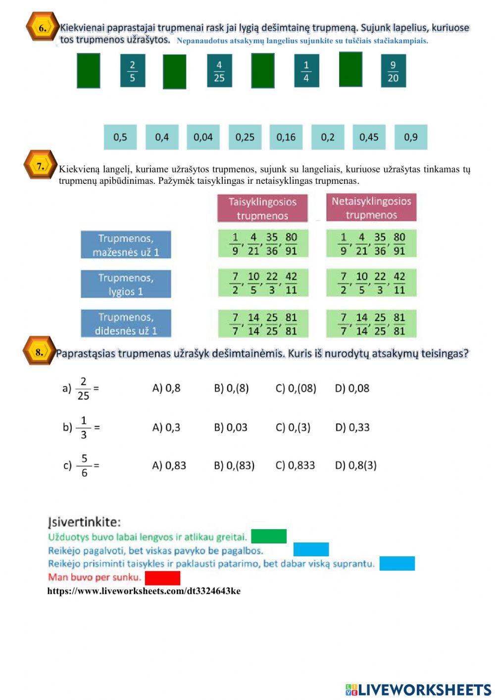 Skyriaus „Trupmeniniai skaičiai“ kartojimas, 2 dalis, 6 klasei