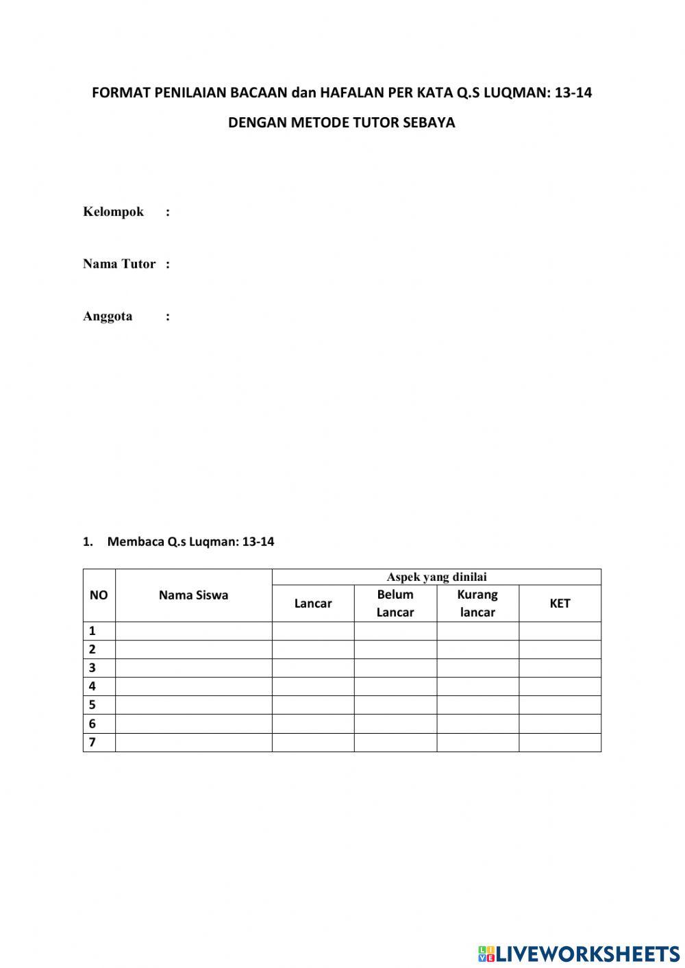 Format Hafalan Q.s Luqman: 13-14