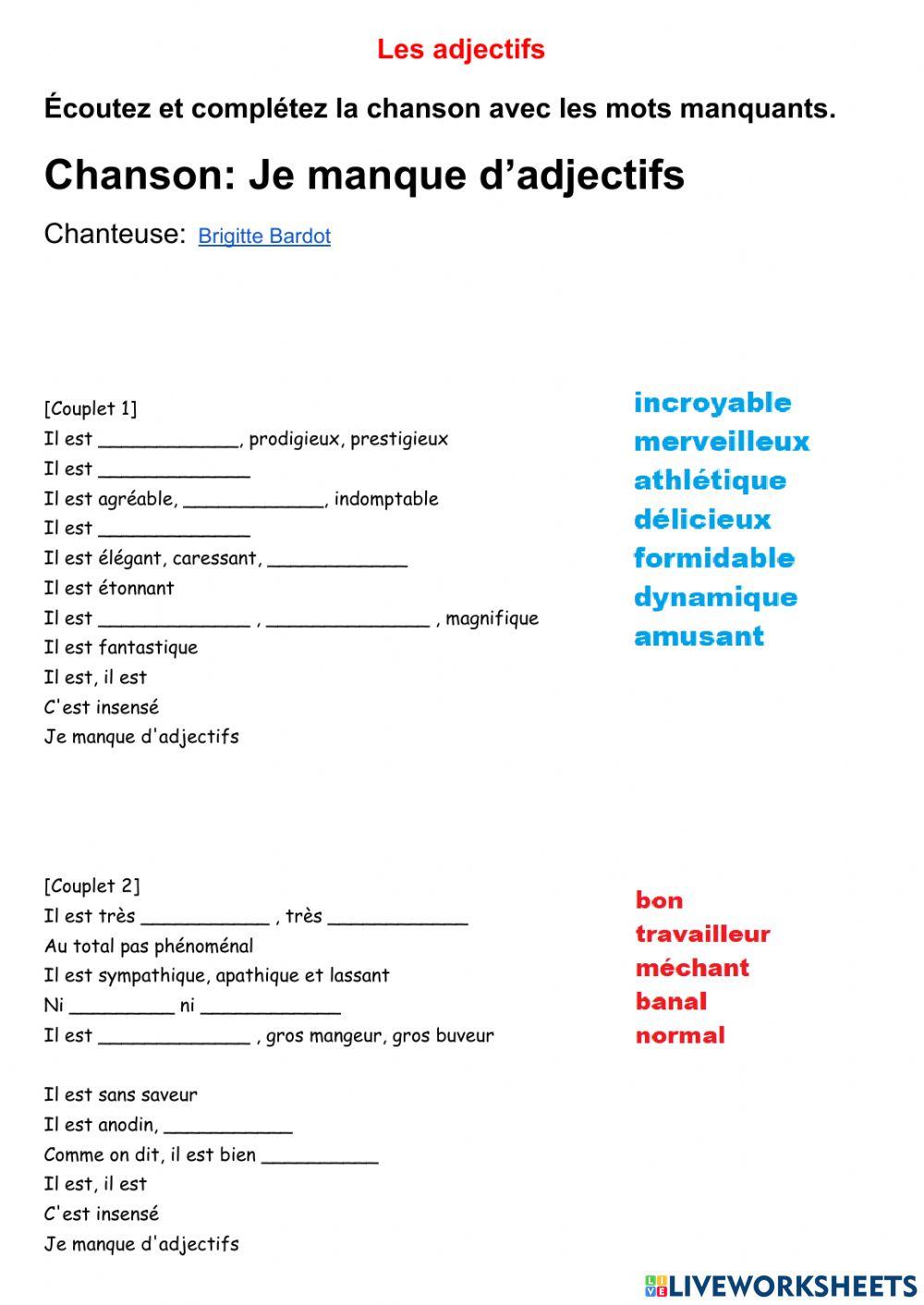 Les adjectifs au masculin
