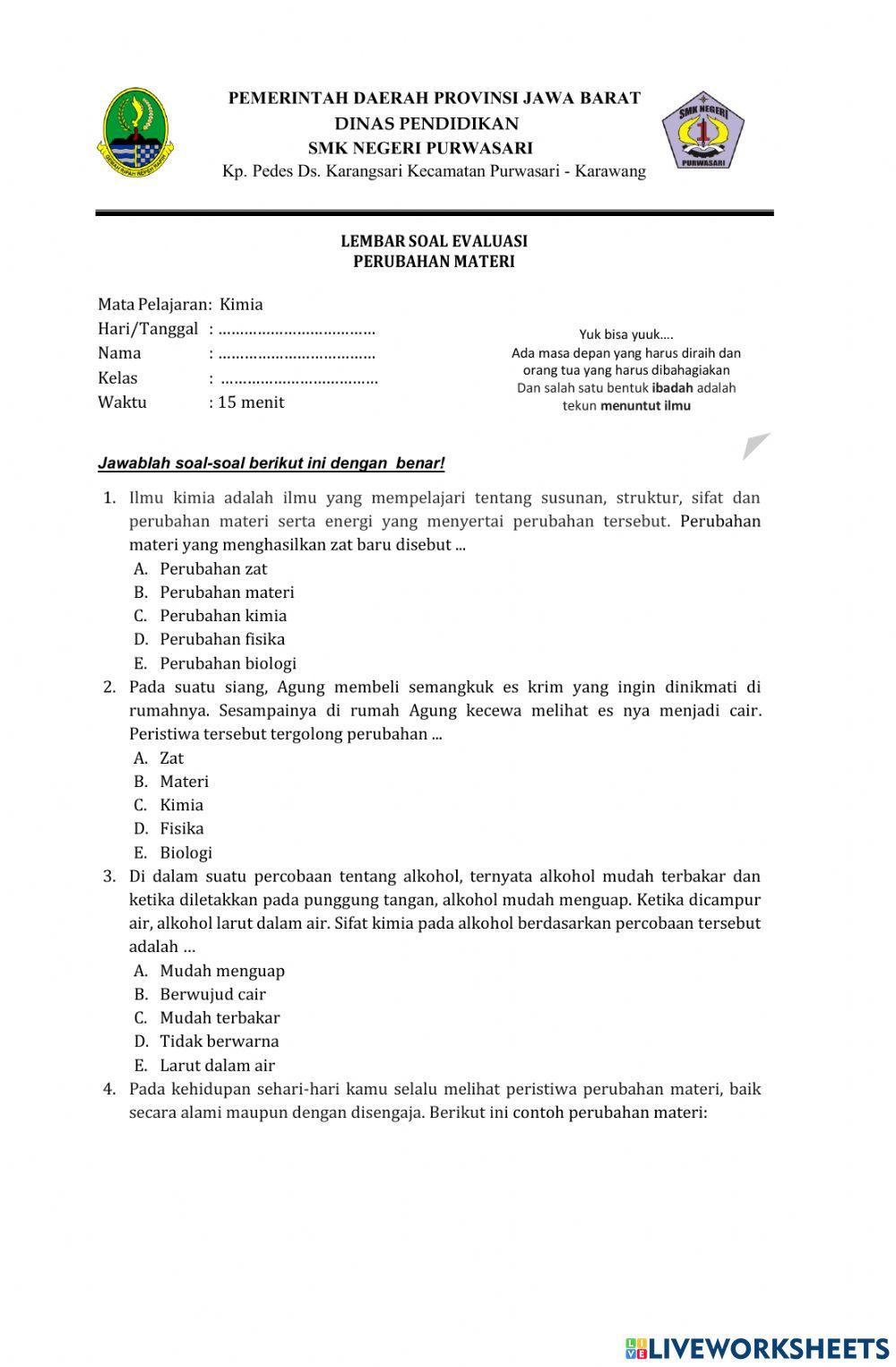 Soal Evaluasi Perubahan Materi