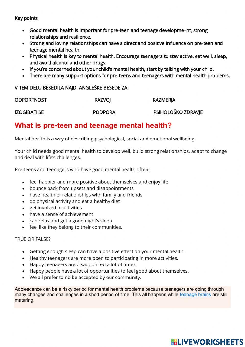 Mental health of teenagers reading comprehension