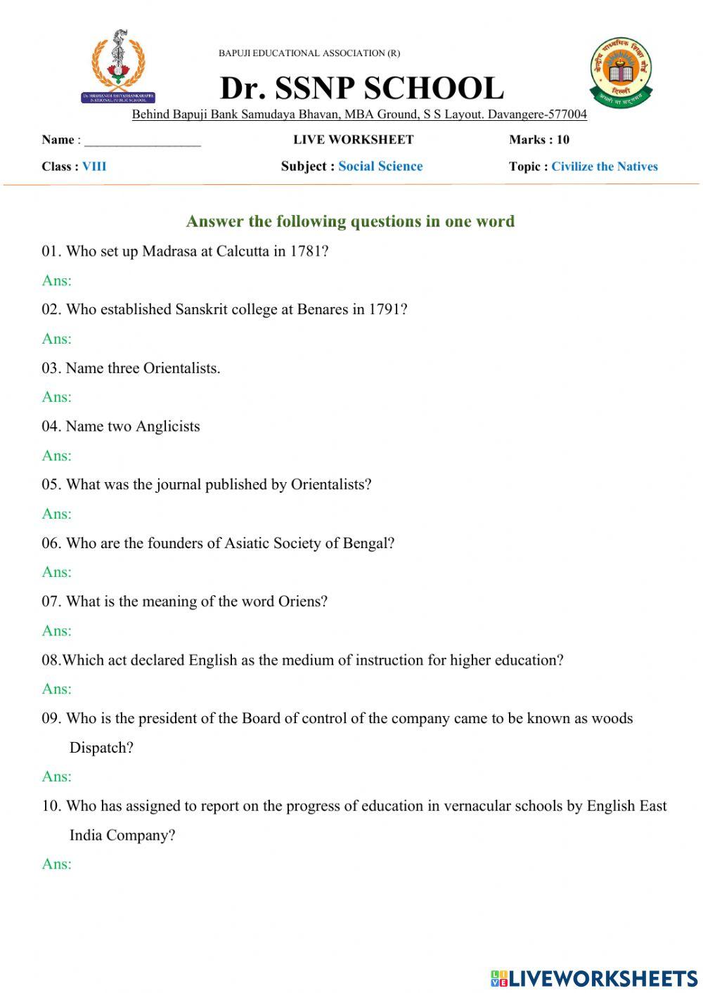 Grade 8, Civilize the Native (Fill in the blanks)