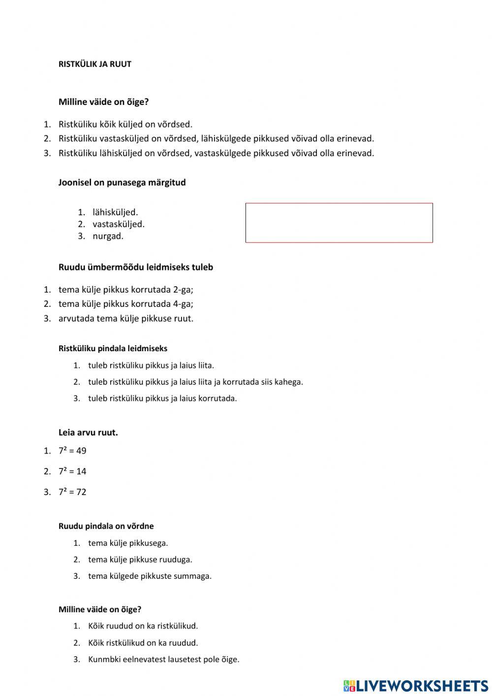 Ristkülik ja ruut, 4. klass