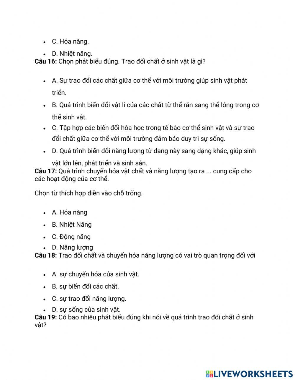 Bài 22. Vai trò của trao đổi chất và chuyển hoá năng lượng ở sinh vật