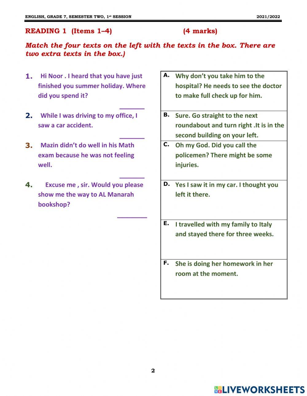 Grade 8 Reading 1 S 2