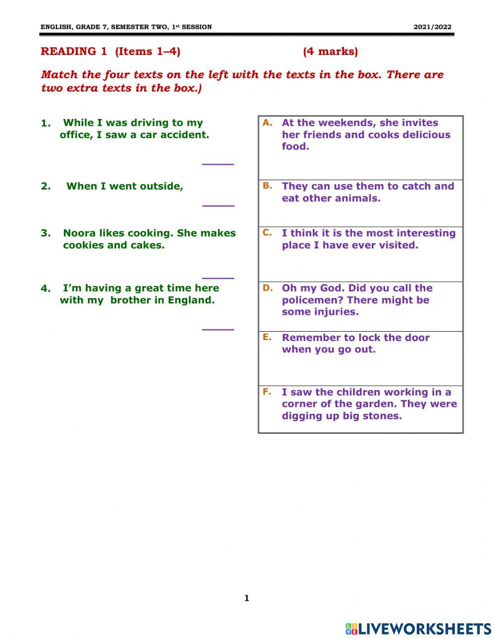 Grade 9 Reading 1 S 2