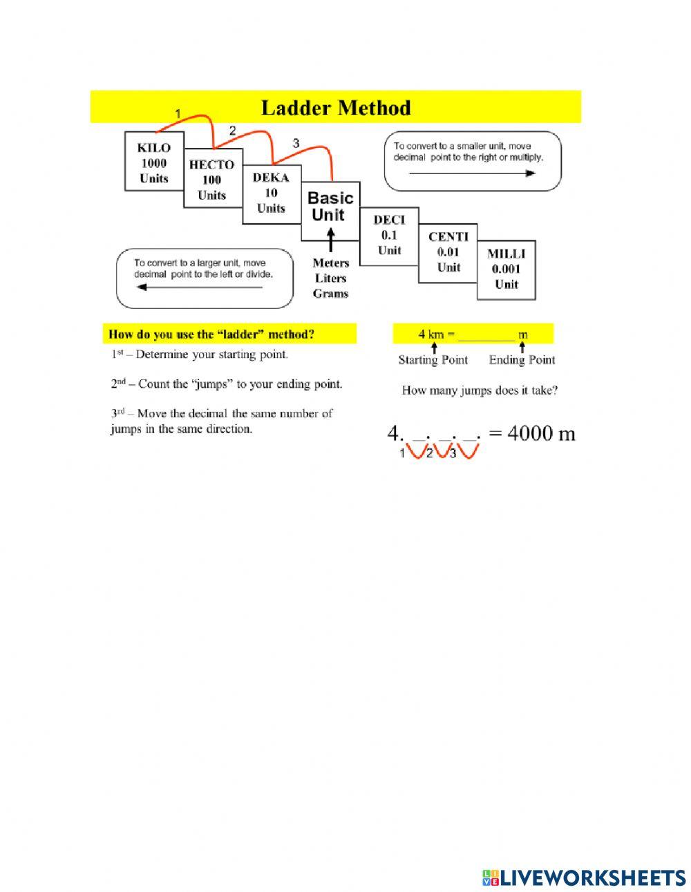 Metric Mania Ladder Method online exercise for Live Worksheets