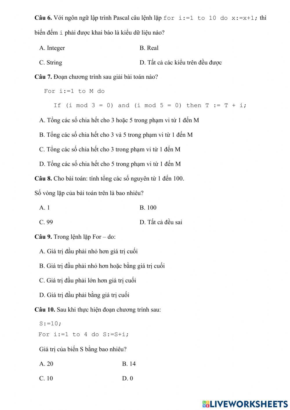 Tin 8 - Trắc nghiệm  For-do - NNLT Pascal