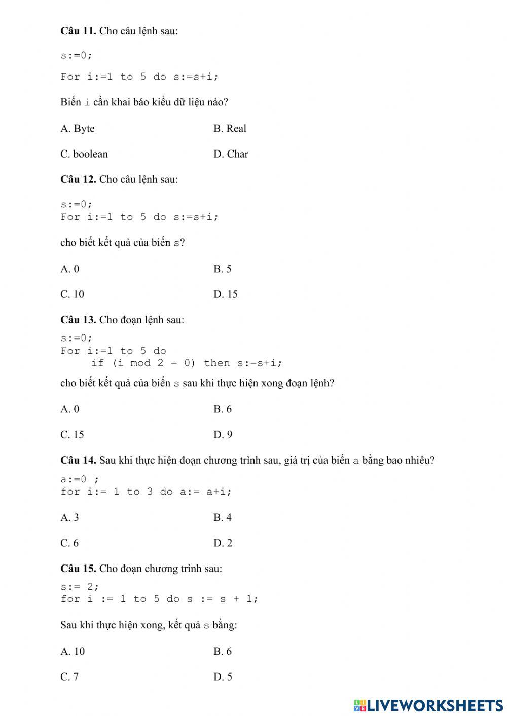 Tin 8 - Trắc nghiệm  For-do - NNLT Pascal