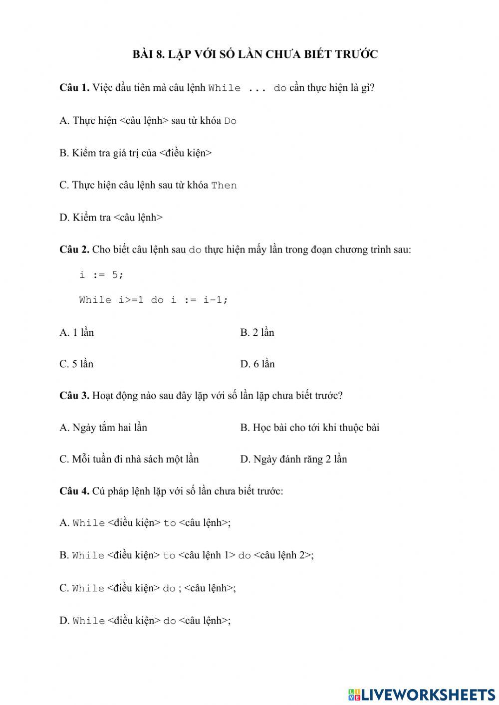 Tin 8 - Trắc nghiệm While-do - NNLT Pascal
