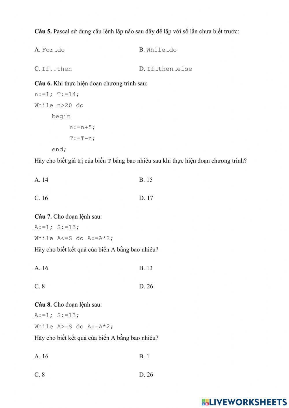 Tin 8 - Trắc nghiệm While-do - NNLT Pascal