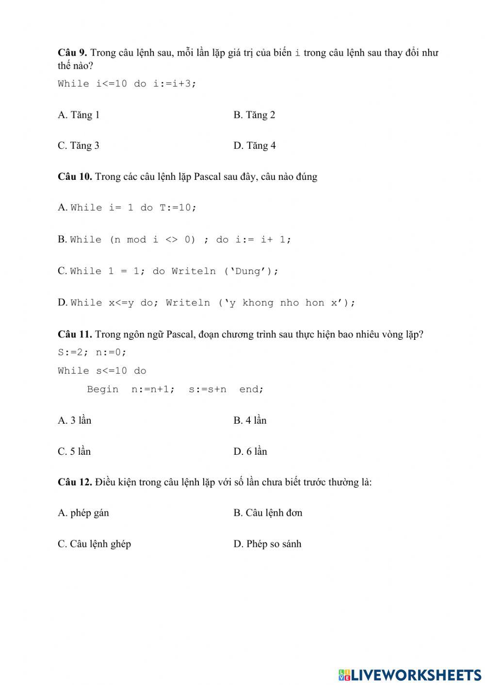 Tin 8 - Trắc nghiệm While-do - NNLT Pascal