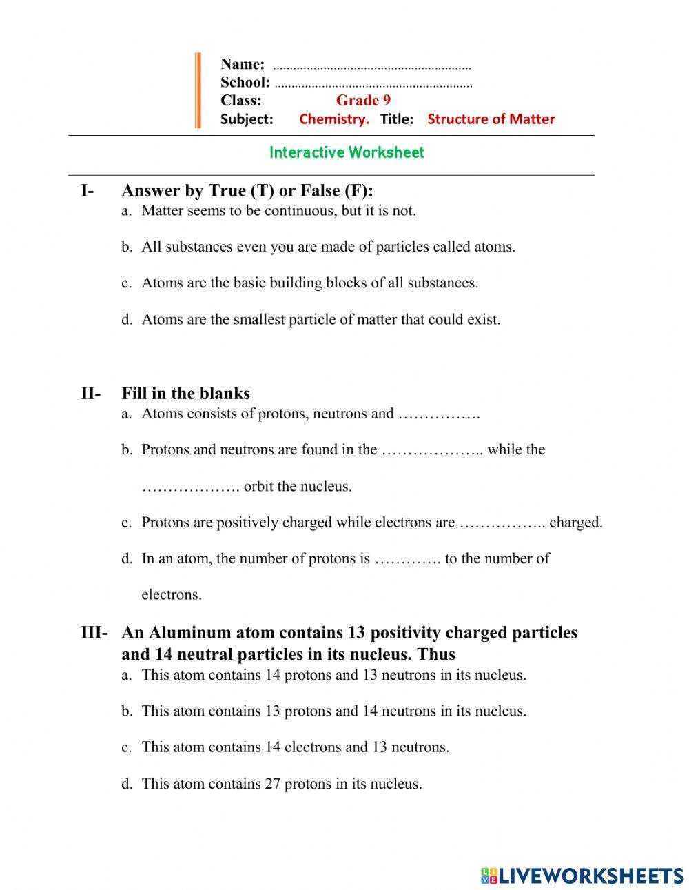 Structure of Matter worksheet | Live Worksheets Structure of Matter worksheet | Live Worksheets