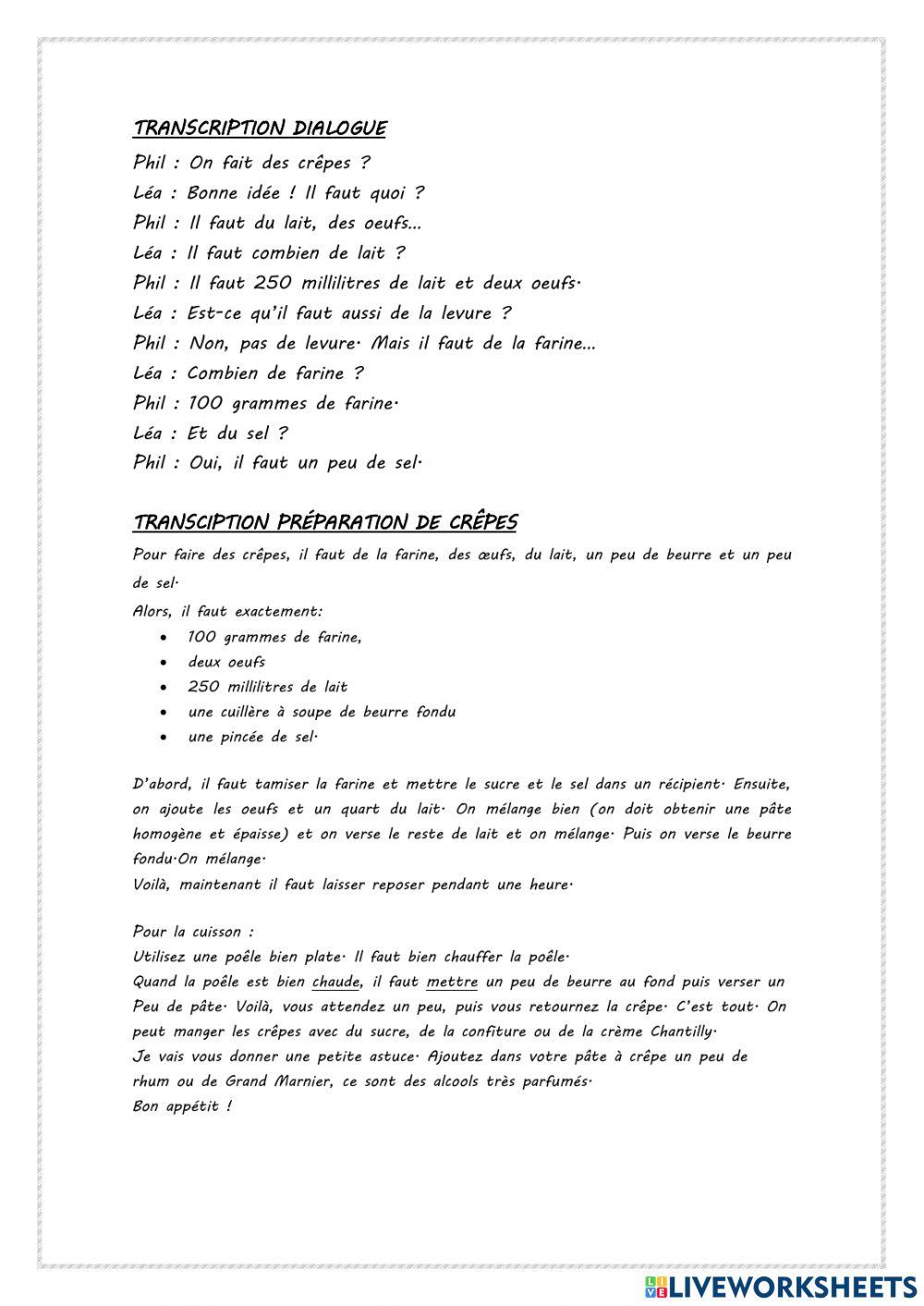 Recette des crêpes (Comprehension oral-écrite)