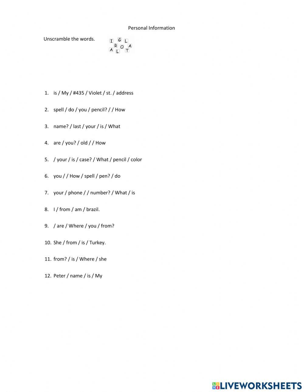 Personal information scramble sentences